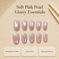 T1790 Kaixin Faux ongles à presser courts, forme ellipse, rose doux, nacré scintillant, effet œil de chat, style French, pour usage intérieur