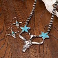 Ensemble de boucles d'oreilles collier tête de vache décor en pierre turquoise bleue style occidental rétro vintage Cowgirl bijoux en cuivre pour les fêtes