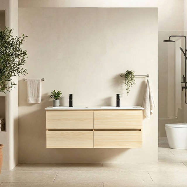 Light Oak Double Sink Floating Bathroom Vanity with Ceramic Basin 4 Drawers Wall-Mounted Cabinet for Bedroom Project Wholesale