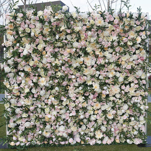 Fond de mur rose pour chambre à coucher avec hortensia rose extérieur, buis bleu proche, verdure tropicale et rose noire de Rosemorning - Product Image 1