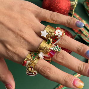 Mitaine <span class=keywords><strong>de</strong></span> noël Santa coeur étoile anneau en acier inoxydable ouvert réglable large balancent charme vacances émail martelé bohème cadeau - Product Image 2