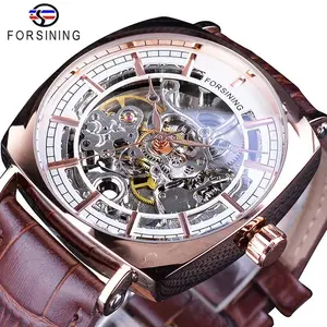 शीर्ष घड़ी Forsining पुरुषों घड़ी लक्जरी असली लेदर फैशन रॉयल पारदर्शी कंकाल पुरुषों स्वचालित यांत्रिक घड़ियों