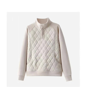 Women's Long Sleeve Stand Collar Quilted Sweatshirt Diamond Pattern Warm Knitted Top Green Light Gray Pink - Product Image 3