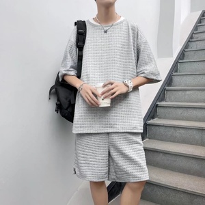 Summer Fashion Trend Men's Casual Solid Color Waffle Short-Sleeved Shorts <b>Set</b> Simple Loose Half Sleeve <b>Knitted</b> Weaving - Product Image 4