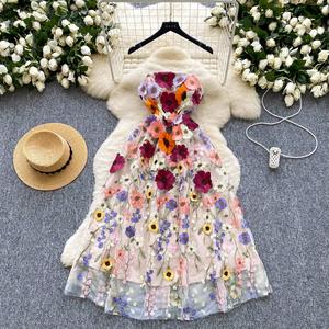 Dress Prom wanita, gaun pakaian 3D bordir bunga setengah panjang untuk wanita Midi tanpa tali sulaman renda - Product Image 4
