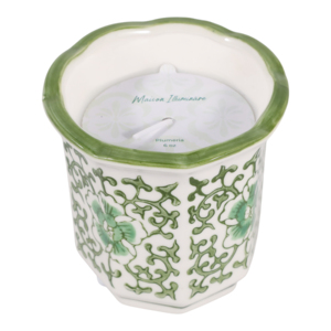 Candela profumata in ceramica scanalata con motivo floreale verde, candela a pilastro per decorazioni interne ed esterne - Product Image 4