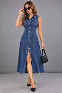 Robe en jean bleue sans manches, col rabattu, boutonnée devant, robe maxi décontractée élégante pour femmes - Product Image 4