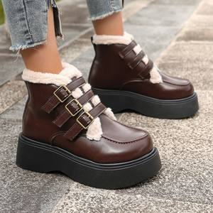 Bottes de neige vintage nordiques pour femme, doublées polaire, épaisses, avec boucle de ceinture, semelle épaisse, bottes en coton chaudes rehaussantes - Product Image 2