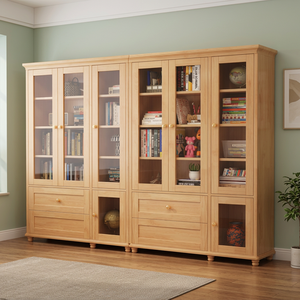 Librería Moderna de Madera con Puertas de Vidrio y Cajones, Mueble Tradicional para Sala de Estar, Unidad de Almacenamiento para el Hogar - Product Image 1