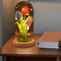 Tulipán Artificial Iluminado en Cúpula de Cristal, Girasoles Artificiales en Cúpula de Cristal con Tira de LED, Rosa Preservada en Cúpula de Cristal