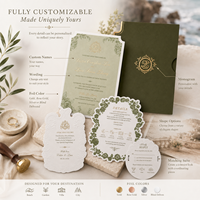Suite d'invitations de mariage de luxe en papier vert olive avec détails en feuille d'or gaufrée et pochette personnalisée