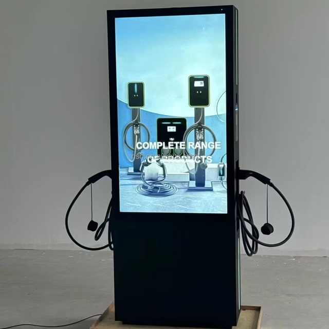 Floor Mounted E-Car Charger AC Type2 GBT 4G Ethernet 55 Inch Adv Screen Two Guns 14kW/22kW/44kW OCPP1.6 EV Charging Station