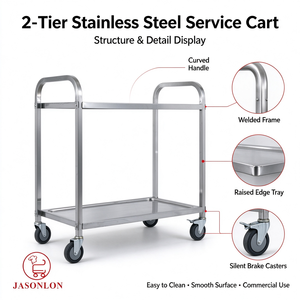 Carrello Portavivande a 2 Ripiani in Acciaio Inox con Ruote Bloccabili, Capacità di Carico 30-50kg, Spessore 0,8mm, per Ristoranti e Hotel - Product Image 6