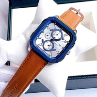 Montre à quartz pour homme, design tendance, multifonction, chronographe, bracelet en cuir, lunette en or rose, acier inoxydable, carrée, étanche