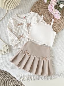 Conjunto de 3 Piezas Estilo Coreano para Niñas Pequeñas, Cárdigan con Lazo Estilo Academia, Camisola Lisa y Falda Plisada - Product Image 2