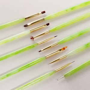 Ensemble de pinceaux à ongles multifonctionnels pour salon de manucure, avec manche en plastique vert, petite taille, pour nail art au gel, avec virole sertie et liner plat en nylon - Product Image 1