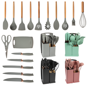 High Quality 19 Piece <b>Silicone</b> Kitchen Utensil Set With Wooden Handle and Cuttings Board Storage Bucket Kitchen Gadget Set - Product Image 2