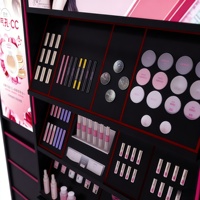 Exhibidor de Piso de Madera Todo en Uno con Luz LED, Letrero Publicitario, Espejo de Maquillaje y Cajones para Exhibición de Cosméticos en Tiendas
