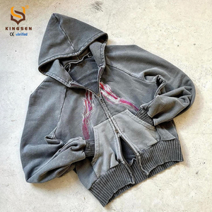 Custom Hoodies High Quality Men 100% Cotton Breathable Vintage Distressed Finish Washed Printing Embroidery Zip-Up Jersey Hoodie - Product Image 1