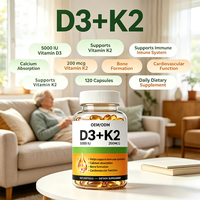 Complément alimentaire personnalisé en gélules molles d'huile de coco 2-en-1 Vitamine D3 K2, 120 unités, favorise la santé des os, du cœur et du système immunitaire