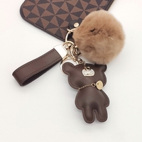 Porte-clés de luxe en cuir PU marron, petit porte-clés Bling, ours, avec pompon, vente en gros