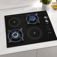 Table de cuisson hybride gaz et électrique à quatre panneaux vitrés avec deux plaques chauffantes infrarouges et deux brûleurs à gaz, combustion à haute efficacité
