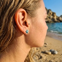 Boucles d'oreilles clous écologiques en cuivre S925 avec émail bleu étoile de mer et fermoir à vis, collection été Thème Vie marine, bijoux de vacances