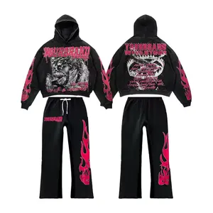 Spring Season 2024 Custom Logo Lightweight French Terry All Over Dtf Printed Sweat Suit Hoodie Flare Pants Sweats