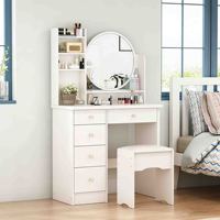 Table de toilette moderne en chêne européen avec miroir éclairé, étagères, tiroirs et tabouret – Prix usine 2026