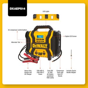 Compresseur de pneus automobile DEWALT DXAEPS14-Type2 2000 Ampères de pointe, batterie 12V, démarreur de saut/station d'alimentation 120 PSI pour démarrage rapide - Product Image 6
