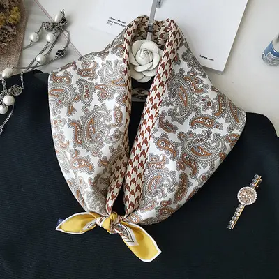 Stylish Chic Houndstooth Paisley Patchwork Printed Satin Silk Square Head Scarf Fashion Ladies Luxury Real Silk Scarf 2021