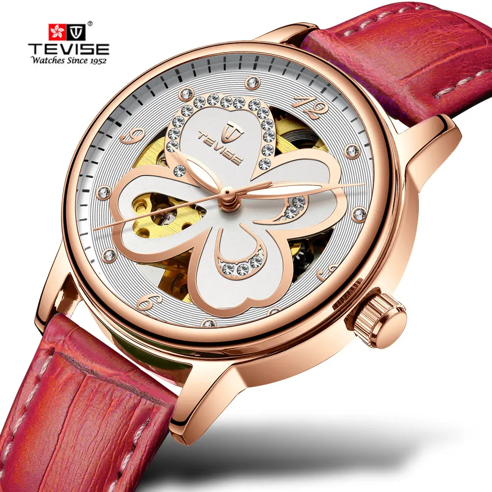 Tevise fancy ladies latest mechanical rhinestone watch rose gold flower watch womens leather for girl