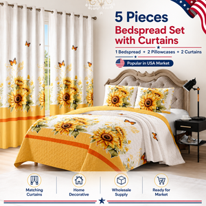 Set Copriletto Trapuntato <span class=keywords><strong>a</strong></span> Ultrasuoni con Tende Coordinate, 5 Pezzi, Motivo Floreale, Misura King Size - Product Image 1