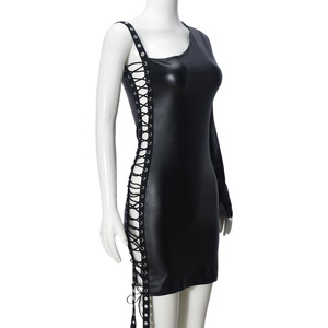 Viviblook Z310DS02 Vestido Casual para Mujer con Cinta Decorativa, Tirantes Calados, Manga Larga de un Solo Lado, Mini Vestido para Damas - Product Image 4