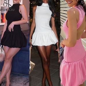 夏季新款时尚拼接无袖河豚连衣裙性感露背实心街装连衣裙 - Product Image 1