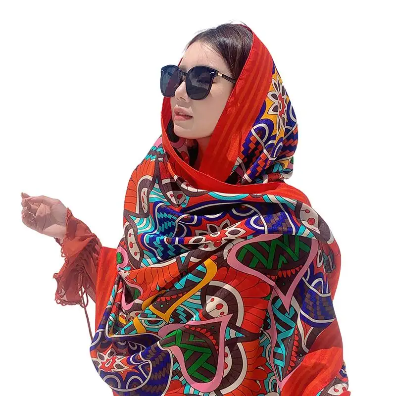 2024 nuevo elegante estampado de flores rojas para mujer grande 180*90CM bufanda de algodón de sarga satén borla chal largo de playa para hiyab musulmán
