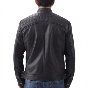 Blouson Moto Homme Noir en Cuir Véritable Respirant Col Montant Fermeture Boutons Cachés Coupe Slim Style Motard Automne - Product Image 2