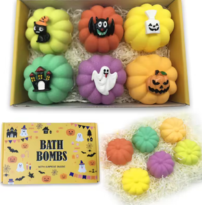 Bombas de baño de calabaza de Halloween con juguetes sorpresa en caja de regalo artesanal, bonitas bombas efervescentes naturales hechas a mano para el baño - Product Image 3