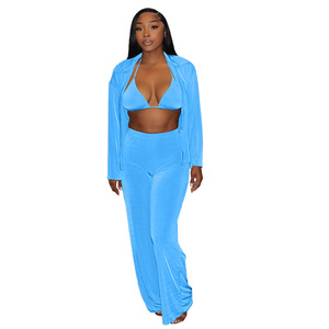 2023 américain Boutique en gros trois pièces femmes ensembles Sexy Bikinis automne Cardigan <span class=keywords><strong>velours</strong></span> jambe large <span class=keywords><strong>pantalon</strong></span> taille élastique hiver - Product Image 3