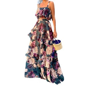 Hot Sale Women's Summer Two Piece Set Printed Sleeveless Top High Waist Ruffled Midi <b>Skirt</b> MOQ 1 Wholesale Women's Printed Sets - Product Image 4