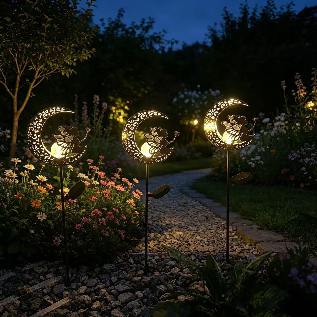 Oem Shape Solar-powered Garden Light Outdoor Ground-Insert LED Flame-Style Ironwork Cutouts Projecting Moonlight Landscape