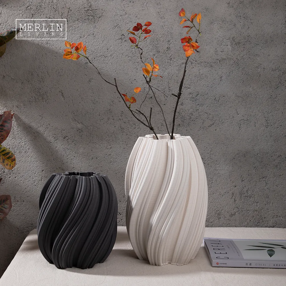 멀린 리빙 3D 인쇄 꽃병 꽃 트위스트 라인 세라믹 가정 장식 웨딩 꽃병 사용자 정의 Chaozhou 공장 도매
