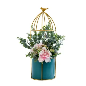 Baru Vas Bunga Sangkar Burung Emas Ornamen Dekoratif Logam Tempa dengan Bunga Buatan