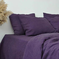 Parure de lit 3 pièces en lin violet 200TC avec 2 taies d'oreiller, luxueuse, écologique, douce et lavée, pour la maison et l'hôtel