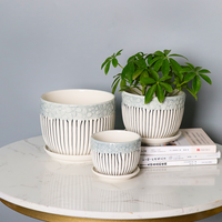 Lot de 3 pots de fleurs cylindriques en céramique nordique, motif feuille, pour plantes d'intérieur/extérieur, avec trou de drainage, écologiques