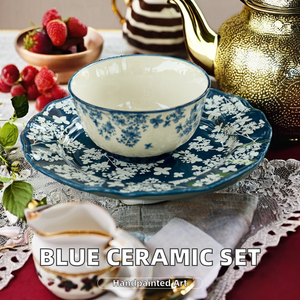 <span class=keywords><strong>Service</strong></span> de vaisselle en céramique bleu galanga de style anglais vintage <span class=keywords><strong>service</strong></span> à domicile écologique comprenant des bols tasses à café soucoupe après-midi - Product Image 2