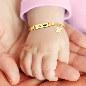 Children's Gold Stainless Steel DIY Bracelet with Name Star Heart Crown Diamond Zircon Pearl Stone Engraved Charms for Baby