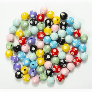 Handmade 16 mm Spring Farmhouse Wood Beads Colorful Round Daisy Beads Loose Wood Bead Spacers for Jewelry Making