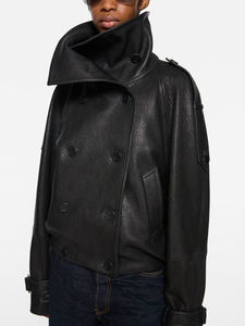 Giacca Corta da Motociclista da <span class=keywords><strong>Donna</strong></span> in <span class=keywords><strong>Vera</strong></span> <span class=keywords><strong>Pelle</strong></span> di Pecora Tinta Unita Autunnale con Collo alla Coreana Antivento Vestibilità Comoda Casual e alla Moda - Product Image 2