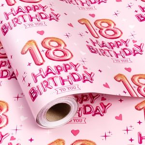 26 Nouveaux modèles de papier cadeau d'anniversaire rose, motif Joyeux Anniversaire pour les célébrations du 10e, 13e, 16e et 18e anniversaire, papier d'emballage pour fête - Product Image 4